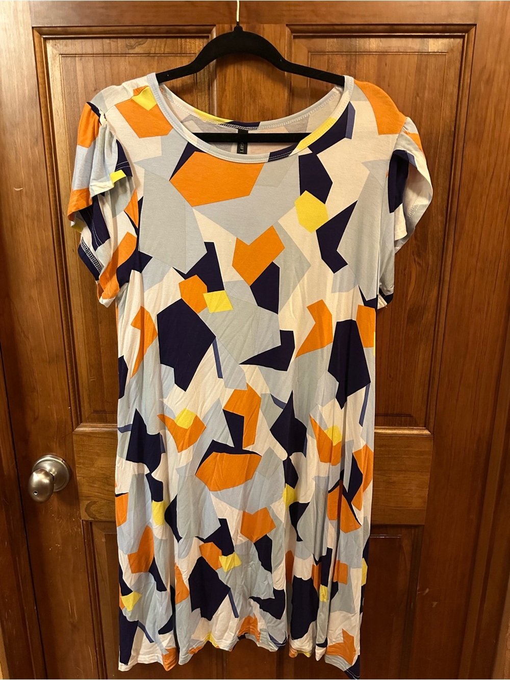 Geometric Print Short Sleeve Women's Dress in Light Gray, Orange & Navy
